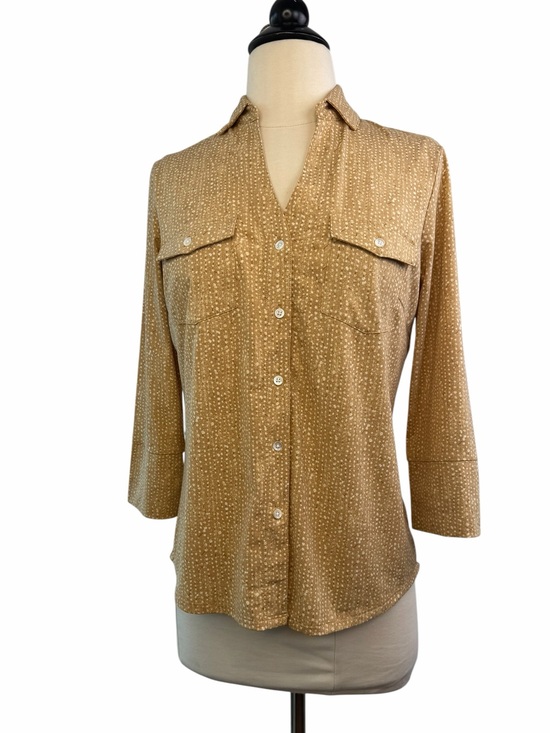 J Mclaughlin Tops - J McLaughlin Brynn Top Tan Cream White Dot Print Button-Down Shirt Small